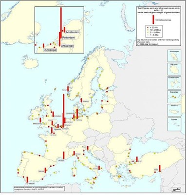 Europe's top 20 cargo ports and other main cargo ports - number of tonnes handled (2011)