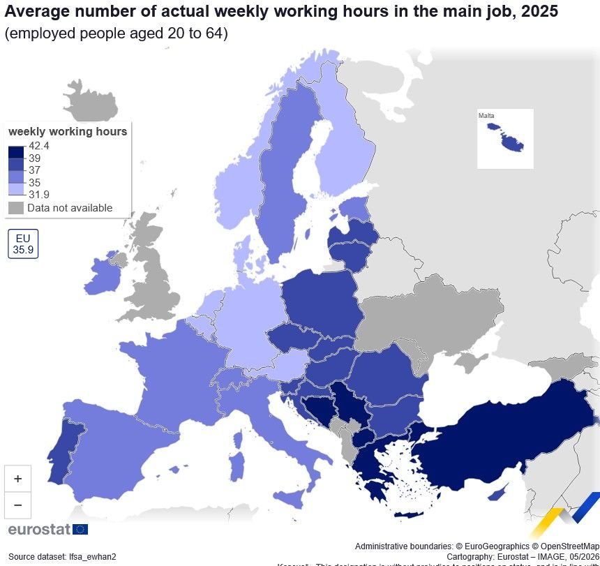 Average number of actual weekly working hours in the main job, 2025 - Eurostat
